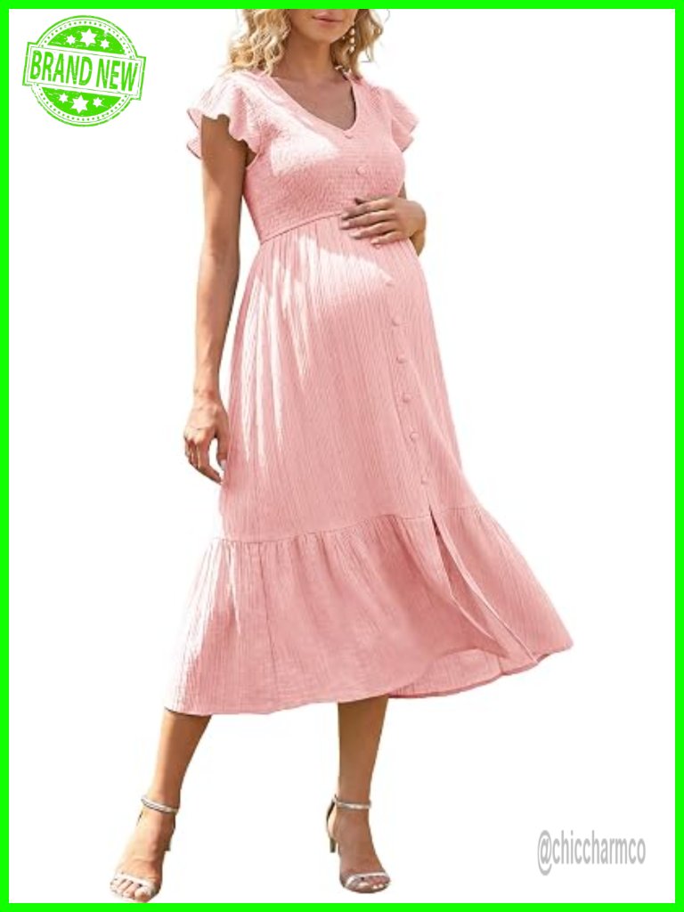 Maternity Baby Shower Dress Ruffle Sleeve Midi Flowy Viscose Blend